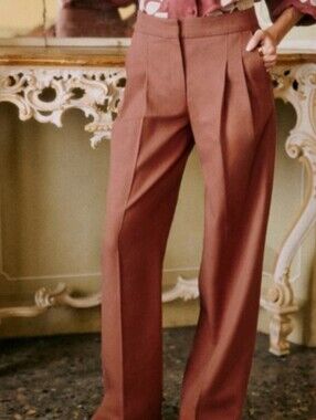Sezane Brick Brown Pleated Wide-Leg Trousers